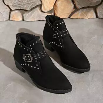 Модные осенние новые грубые каблуки одинарные ботинки женские замшевые с круглым носком и заклепками на рукавах противоскользящие износостойкие короткие ботинки 36 чёрный