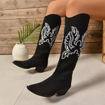 Модные осенние новые толстые каблуки одинарные сапоги женские модные замшевые вышитые нескользящие удобные высокие сапоги 36 чёрный