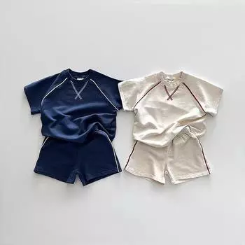 Модные простые комплекты детской одежды для малышей, хлопковый топ с короткими рукавами + шорты, комплект из 2 предметов для маленьких мальчиков 73