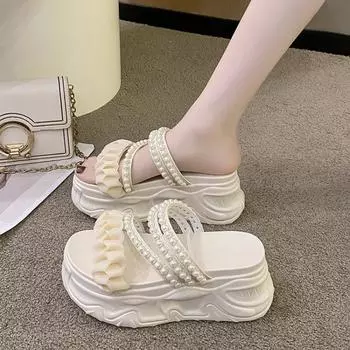 Модные сандалии Fairy Style Pearl Two Wear, модные универсальные тапочки из бисквита на толстой подошве для внешнего ношения, размер плюс 40 34 бежевый