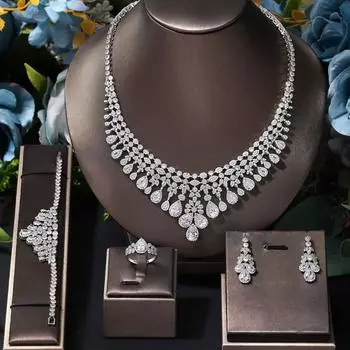 Модные щедрые свадебные аксессуары для свадебного платья Aaa Zircon ожерелье серьги кольцо браслет комплект ювелирных изделий красный