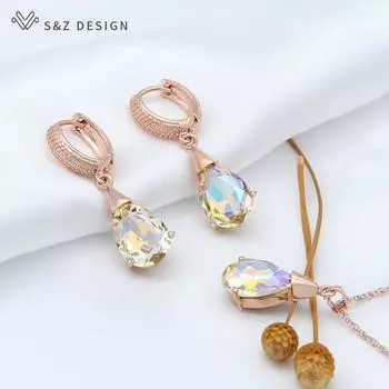 Модные серьги цвета розового золота с каплями воды и кристаллами, комплекты ювелирных изделий для женщин, классическое ожерелье с подвеской для свадебной вечеринки