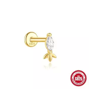 Модные серьги-гвоздики для женщин из стерлингового серебра S925 с лунным камнем и бриллиантами, с плоской головкой и внутренней резьбой, для прокола хряща