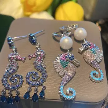 Модные серьги из серебра 925 пробы с иглами, красочные серьги в форме морского конька с имитацией жемчуга для женщин, подарок на годовщину, ювелирные изделия для девочек
