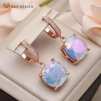 Модные серьги-капли с кубическим цирконием, квадратные серьги-капли с кристаллами для женщин, ювелирные изделия, серьги цвета розового золота