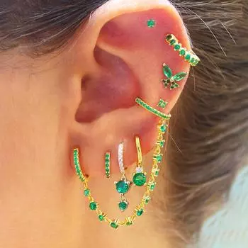 Модные серьги-кольца из нержавеющей стали с зеленой цепочкой для женщин, тонкие спиральные украшения для пирсинга хряща козелка с кубическим цирконием