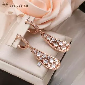 Модные серьги-подвески из розового золота с изогнутыми листьями и кубическим цирконием для женщин, ювелирные изделия для вечеринок, прекрасный подарок