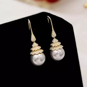 Модные серьги с каплями воды и белым жемчугом, женские роскошные ювелирные изделия для свадебной вечеринки, серебряные иглы с цирконием, серьги-подвески серый