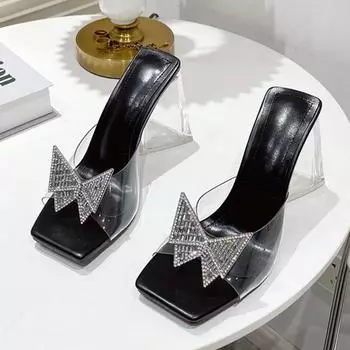Модные шлепанцы с пряжкой-бабочкой из стразов, женские летние ПВХ прозрачные сандалии-желе, хрустальные каблуки из плексигласа, женские туфли для платья 35