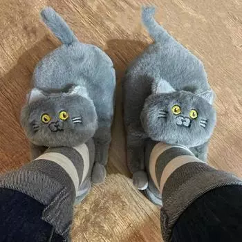 Модные теплые милые плюшевые тапочки с изображением кота для женщин и мужчин, домашние пушистые тапочки для дома, кавайные тапочки, нескользящие пушистые зимние теплые тапочки 36-37(Fit 35-36)