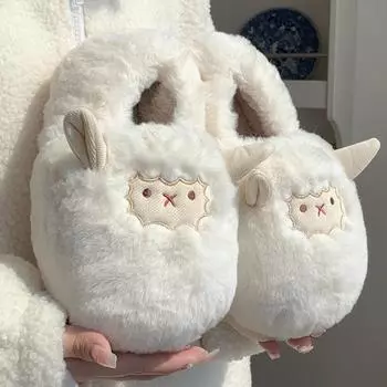Модные теплые милые тапочки из ягненка с мехом, женские зимние новые толстые плюшевые тапочки с рисунком из мультфильма, женские спальные мягкие уютные теплые пушистые домашние туфли 36-37(8.8-9 inch) белый