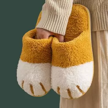 модные теплые зимние плюшевые тапочки Comwarm, милые кошачьи лапки, дизайнерские домашние женские меховые тапочки, напольные, беззвучные, для влюбленных в спальню, пушистые тапочки для дома 36-37 (22.5-23cm) жёлтый