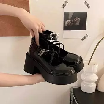 Модные туфли Мэри Джейн на высоком каблуке с круглым носком и квадратным каблуком, с пряжкой на ремне, женские туфли 2024 года, высококачественные туфли-лодочки с пряжкой на ремне, весна/осень 35 бежевый