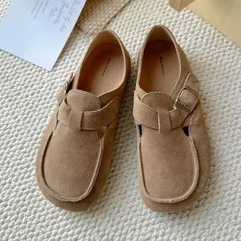 Модные туфли на плоской подошве 2024 года для женщин Mori Girl Style Shoes Женские туфли на плоской подошве высокого качества в стиле ретро, женские туфли без застежек с пряжкой из коровьей замши 35 абрикосовый