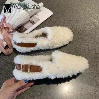 Модные туфли на плоской подошве из овечьей шерсти с пряжкой на ремне, женские зимние теплые плюшевые туфли, женские мокасины, шерстяные балетки, уютные мохнатые мокасины, шерстяные меховые туфли на плоской подошве2024 5 абрикосовый