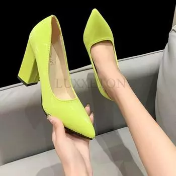 модные туфли на высоком каблуке, цветные туфли-лодочки, женские туфли с острым носком, модные розовые туфли на толстом каблуке, лакированная кожа, женские, большие размеры 35-43, Tacones Mujer 37 оранжевый