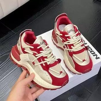 Модные вафельные туфли Forrest Gump для женщин 2024 года, новые осенне-зимние туфли с толстыми подошвами из бархата и искусственной кожи на шнуровке, мягкие повседневные спортивные туфли 35 красный