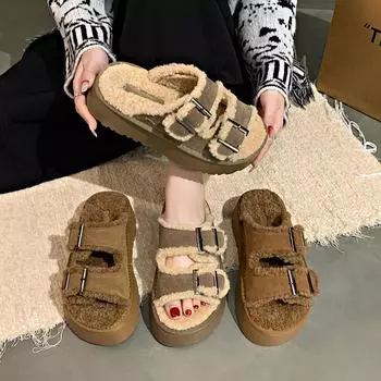 Модные, высокого уровня внешний вид, толстая подошва, открытый носок, пряжка-игла, плюшевые, теплые, модные, все удобные, нескользящие, меховые женские тапочки 35 малиновый