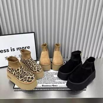 Модные женские ботильоны AJGS Leopard с меховой платформой, зимние замшевые теплые туфли, женский бренд 2024 года, трендовые плюшевые туфли на плоской подошве из хлопка, повседневные 35 цветной печати леопарда