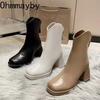 Модные женские ботильоны на платформе и каблуке Модные элегантные туфли с молнией сзади Квадратные женские короткие ботильоны Morder 35 хаки