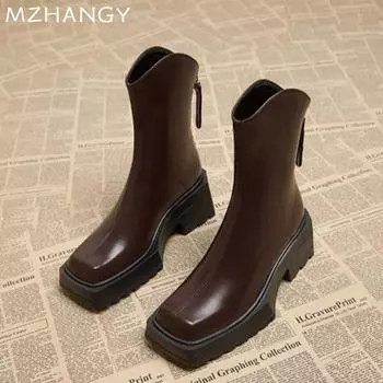 Модные женские ботильоны на платформе, кожаные туфли на среднем каблуке, трендовые ботинки челси 2024 года, новые туфли на каблуках для зимних мотоциклетных ботинок, зимние женские ботинки Zapatos 35 чёрный