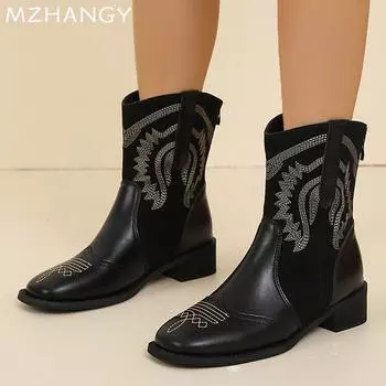 Модные женские ботильоны на толстой подошве, зимняя мода, туфли на среднем каблуке, прогулочные кожаные туфли, женские туфли-лодочки 2024 года, элегантные туфли-лодочки для женщин 35 чёрный