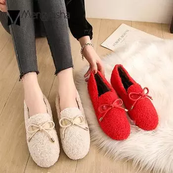Модные женские мокасины Butterfly-Knot из плюша, меховые туфли на плоской подошве, женские зимние туфли из хлопка, балетки больших размеров из овечьей шерсти для женщин 4.5 красный
