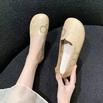 Модные женские новые летние мокасины с дышащей подошвой, женские повседневные туфли на плоской подошве, мягкие удобные туфли на плоской подошве из кожи для мам, женские мокасины 35 бежевый
