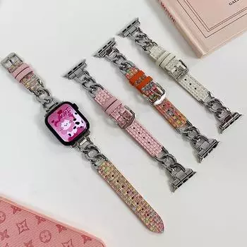 Модные женские однорядные кожаные ремешки для часов для Iwatch Series Ultra 9, 8, 7, 49 мм, 45 мм, 44 мм, ремешок в стиле Chanel для Apple Watch 6 SE 5, 40 мм, 41 мм