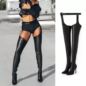 модные женские сапоги Chap Boots Stretch с застежкой-молнией на талии с острым носком на высоком каблуке, высокие сапоги до бедра, сексуальные женские туфли на шпильке, большой размер 35-43 35 чёрный