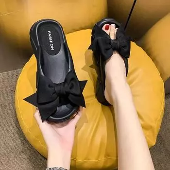 Модные женские шлепанцы на платформе с бантом, летние пляжные нескользящие шлепанцы на танкетке, женские шлепанцы на толстой подошве с зажимом для носка