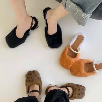модные женские шлепанцы с круглым носком, леопардовые/оранжевые/черные, с неглубокой ремешком сзади, с мехом, шлепанцы, квадратные, на толстом среднем каблуке, шлепанцы для вечеринок, мюли 5.5 чёрный