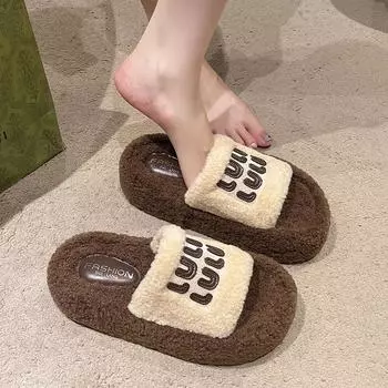 Модные женские тапочки One Word Thick Fur Slippers 2024, новые шлепанцы из двойного меха на осень-зиму, домашняя хлопковая обувь для женщин, плюшевые тапочки, мюли 35 бежевый