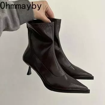 модные женские тонкие ботильоны модные элегантные туфли с острым носком из мягкой кожи на тонком высоком каблуке осень-зима женские короткие ботильоны Morder 35 коричневый