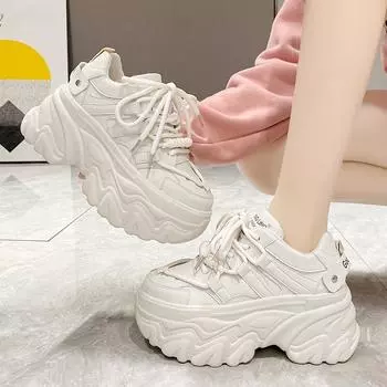 Модные женские туфли Daddy Shoes 2024, осень, новые кожаные туфли на толстой подошве и высоком каблуке 8 см, повседневные кроссовки на высокой платформе, женская обувь 34