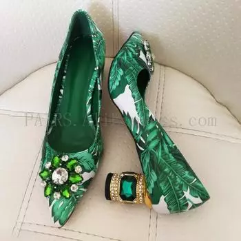 Модные женские туфли Famous Shoes Роскошные зеленые женские туфли с банановыми листьями на каблуках Туфли на высоком каблуке со стразами Туфли-лодочки из натуральной кожи с дизайнерским ремешком 37