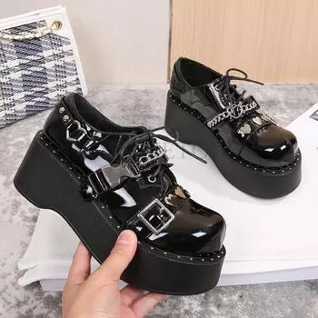 Модные женские туфли-лодочки Mary Jane Derby с металлическим украшением на платформе и плоском каблуке, женские туфли на танкетке Lolita Gothic Harajuku Punk Shoes 35 чёрный
