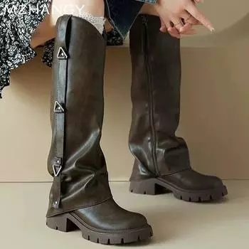 Модные женские высокие сапоги на платформе из кожи на каблуках, зимняя модная обувь для женщин 2024 года, новые модные ботинки челси, элегантные женские готические ботинки 35 хаки