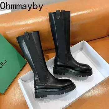 Модные женские высокие сапоги на платформе с высокой талией Модные теплые меховые туфли Осень-зима Квадратные каблуки Женские сапоги до колена 35 чёрный