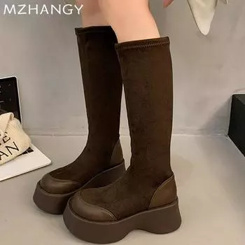 Модные женские высокие сапоги на платформе, высокие туфли на плоской подошве до колена, женская мода 2025 года, зимнее платье, элегантные удобные мотоциклетные сапоги, Mujer Botas 35 чёрный