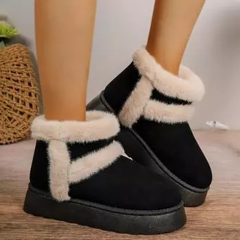 Модные женские зимние ботинки, белые плюшевые зимние ботинки, плоские короткие толстые подошвы, удобная теплая хлопковая обувь для снега 2025 36 чёрный