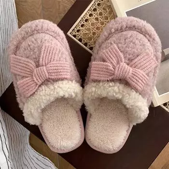 модные женские зимние новые теплые и нескользящие хлопковые тапочки для дома модные домашние туфли в стиле ретро с бабочкой и плюшевыми узлом Chinelos Planos 36-37 абрикосовый
