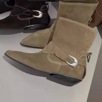 Модные зимние ботильоны 2024 года, осень и зима, Niche Frosted Suede, низкие каблуки, остроносые, ковбойские сапоги в стиле вестерн для женщин, Botas De Mujer 35 хаки