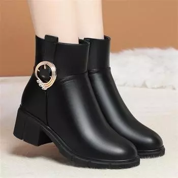 Модные зимние модные повседневные хлопковые короткие ботинки с боковой молнией на квадратном каблуке женские удобные теплые мягкие кожаные ботильоны на платформе 35(Foot22.5cm)