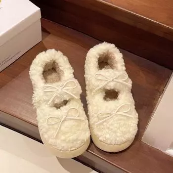 Модные зимние новые туфли на плоской подошве, женские модные туфли из замши с круглым носком и бабочкой, мягкая подошва, нескользящая толстая подошва, шерстяные туфли 36 белый