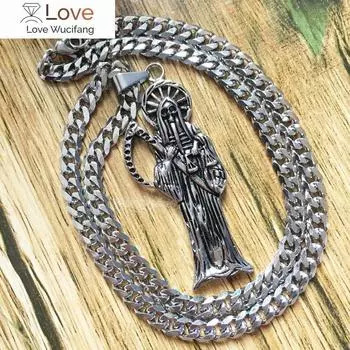 Модный большой кулон из нержавеющей стали 316l Holy Saint Death Santa Muerte с цепочкой 9 мм для мужчин, серебряные тона, ювелирные изделия, подарки 60CM