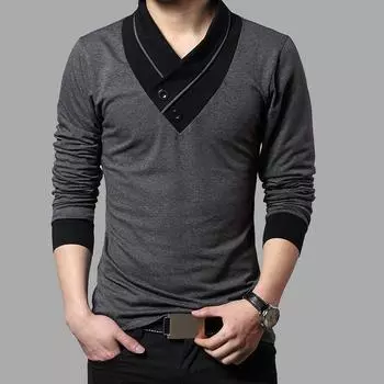 Модный бренд Trend Slim Fit с длинным рукавом футболка мужская лоскутный воротник футболка V-образный вырез мужская футболка хлопковые футболки XXXL чёрный