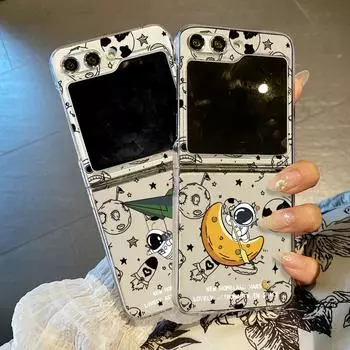 Модный чехол для телефона с принтом лунного астронавта из 2 предметов для Samsung Galaxy Z Flip6 Flip5 Flip4 Flip3 с узором, прочный противоударный прозрачный складной чехол из ПК Samsung Z Flip6