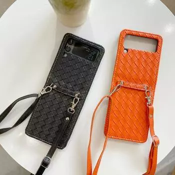 Модный чехол для телефона с тканым узором и плечевым ремнем для Samsung Galaxy Z Flip 3 5g, чехол на шею, ремешок, жесткий чехол из искусственной кожи For SAM Z Flip 3 5G оранжевый