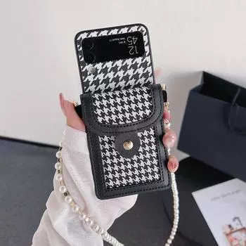 Модный чехол для телефона с узором «гусиные лапки» через плечо для Samsung Galaxy Z Flip 4 Z Flip 3, чехол из искусственной кожи, сумка для карт, портмоне, жемчужный ремешок For Galaxy Z Flip 3